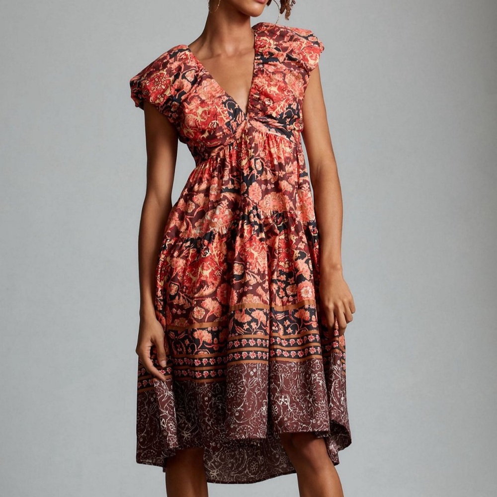 Anthropologie Printed V-Neck Babydoll Dress $170 SIZE 2 Red Floral Fall Small S